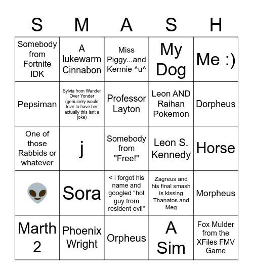 Next Smash Character Bingo Card