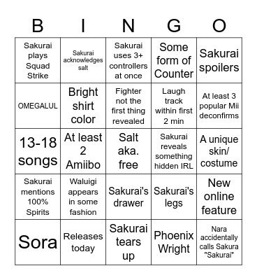 Final Sakurai Bingo Card