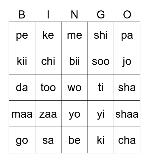 Sounds - single vowel Bingo Card