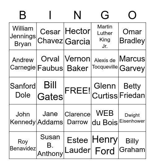 US History Important People (A) Bingo Card