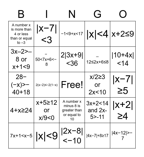 Inequalities Test Review Bingo Card