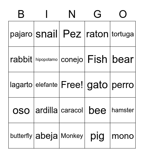 Spanish Animal Bingo Card