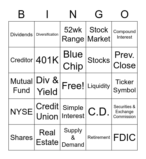 Saving & Investing Bingo Card