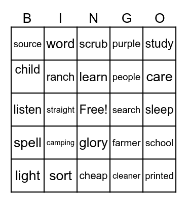 purple spelling words 1-5 Bingo Card