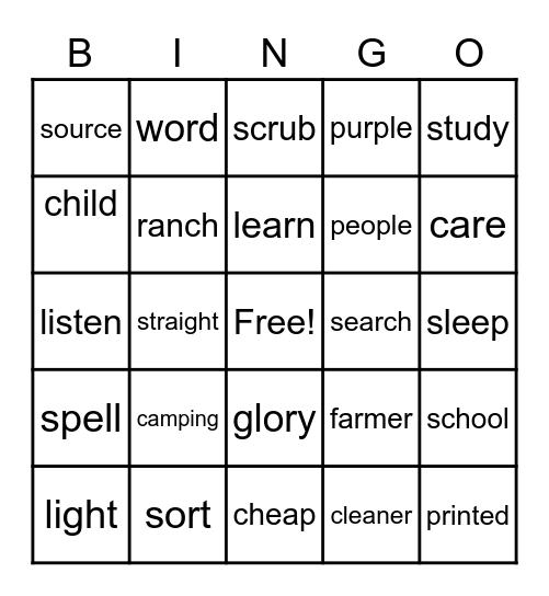purple spelling words 1-5 Bingo Card
