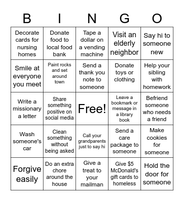 Random Acts of Kindness Bingo Card