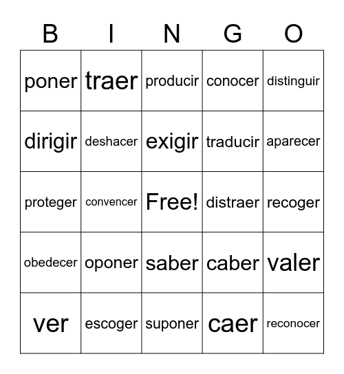Yo irregular - Verbos en el presente Bingo Card