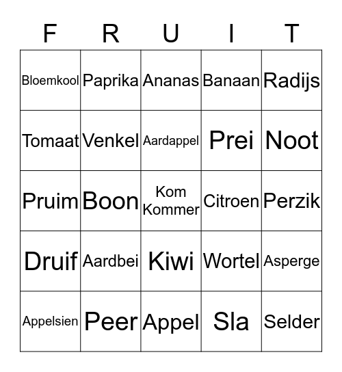 Groenten en Fruit Bingo Card