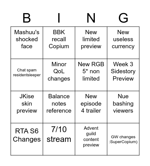 13/10 E7 Livestream bingo Card