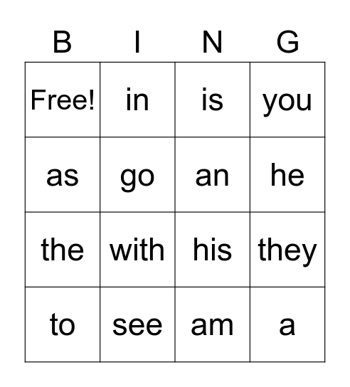 Fry Sight Words 1- 20 Bingo Card