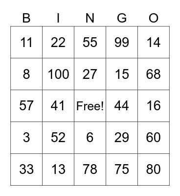French Numbers 1-100 Bingo Card