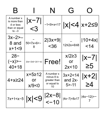Inequalities Test Review Bingo Card