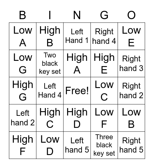 Piano note bingo Card