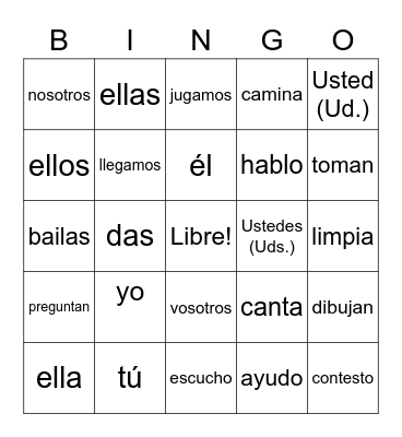 Subject Pronouns & ar verbs 1 Bingo Card