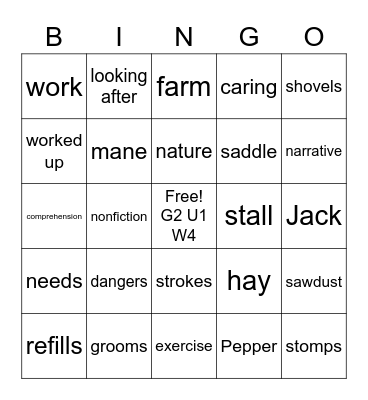 G2 U1 W4 Taking Care of Pepper Bingo Card