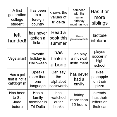 TRI DELTA BINGO Card