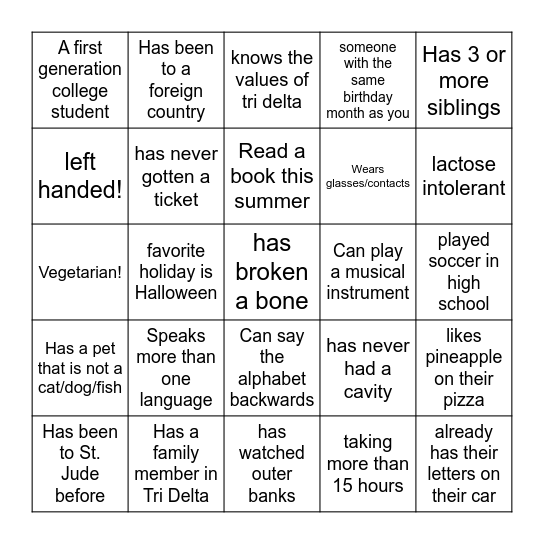 TRI DELTA BINGO Card