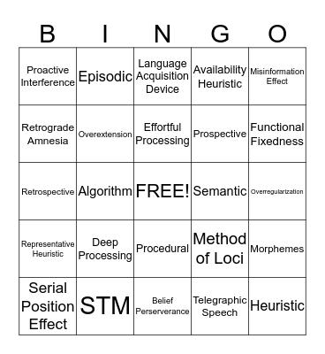 Ch 7 & 8: Memory, Language, Thought Bingo Card