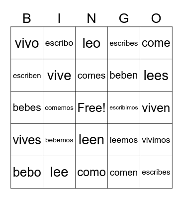 Er/ Ir Verbs Bingo Card