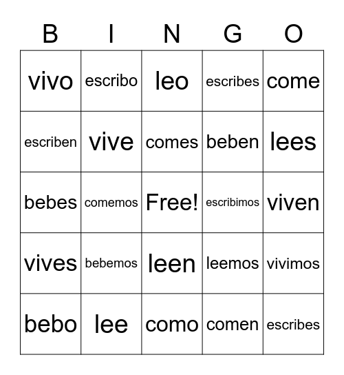 Er/ Ir Verbs Bingo Card