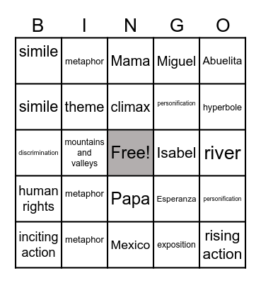 Esperanza Rising Bingo Card