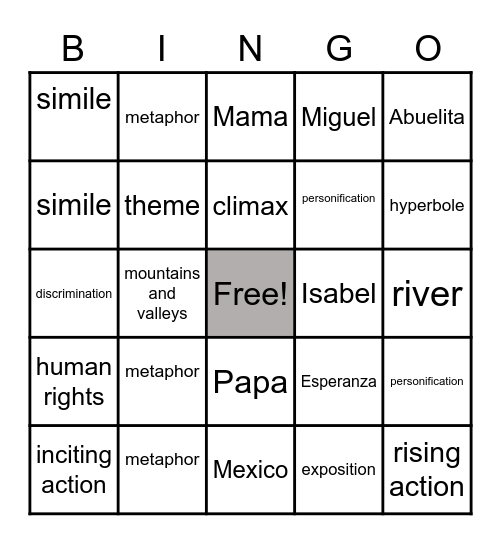 Esperanza Rising Bingo Card