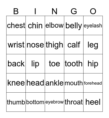 Body Parts Bingo Card