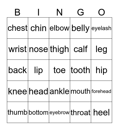 Body Parts Bingo Card