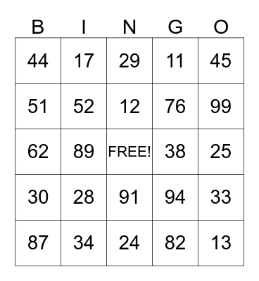 next number Bingo Card