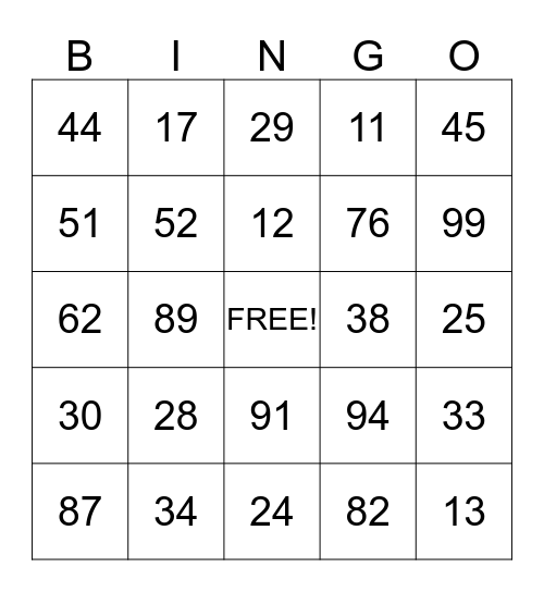 next number Bingo Card