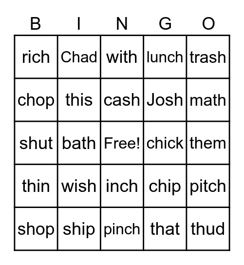 ch, sh, th Digraph Bingo Card