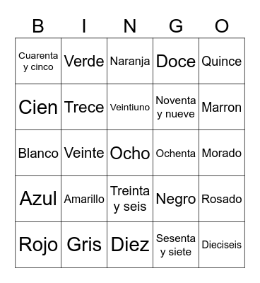 Numeros y Colores Bingo Card