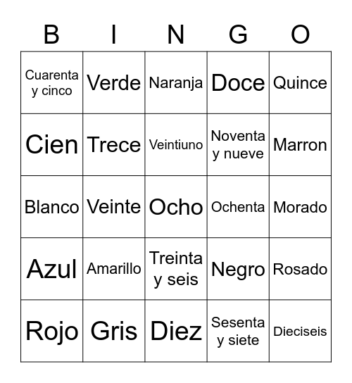 Numeros y Colores Bingo Card