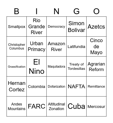 Latin Americ Bingo Card