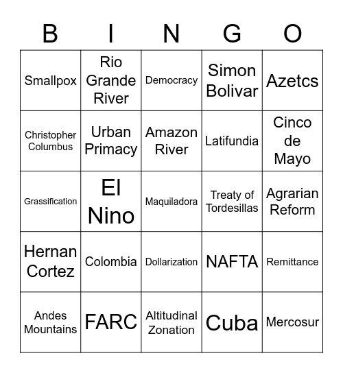 Latin Americ Bingo Card