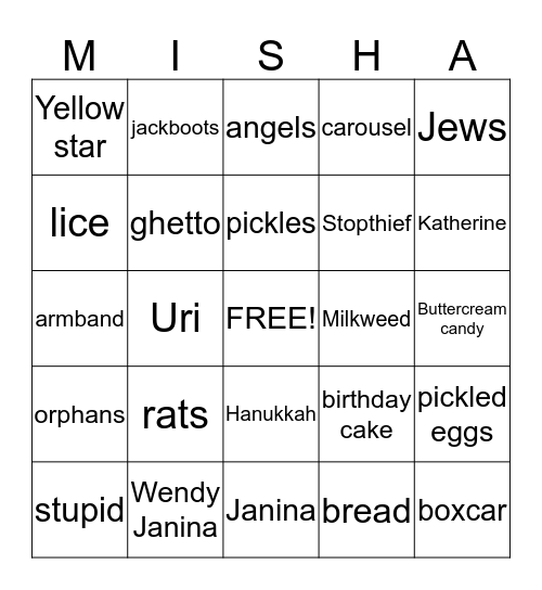 Milkweed Comprehension Bingo Card