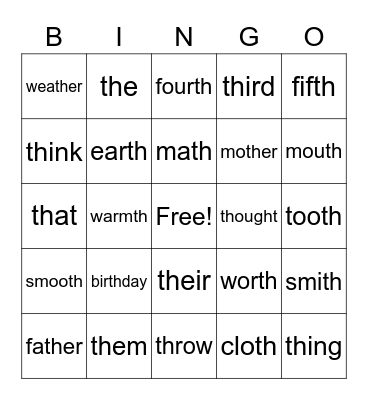 th word Bingo Card