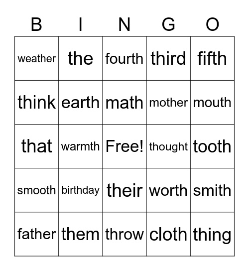 th word Bingo Card