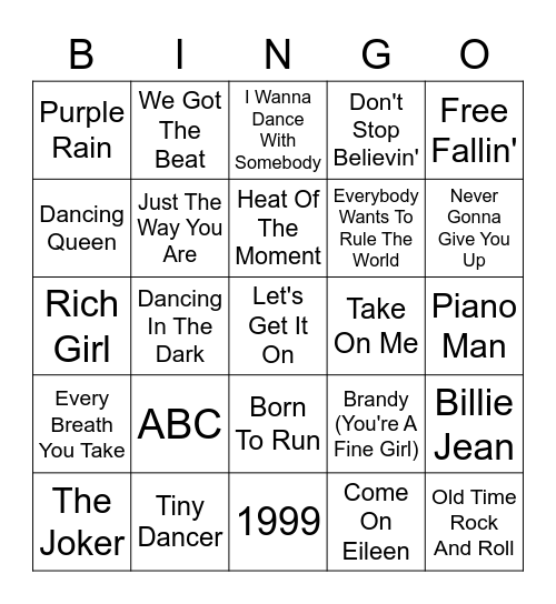 Our Parents Favorite Songs Bingo Card