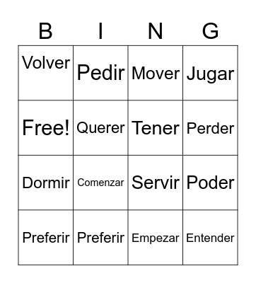 Stem-Changing Verbs Bingo Card