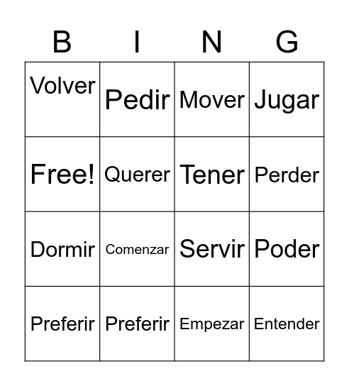 Stem-Changing Verbs Bingo Card