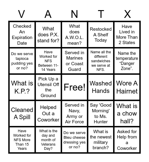 FOOD SERVICE BINGO! Bingo Card