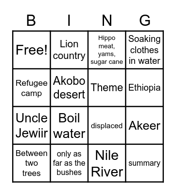 A Long Walk to Water chapters 6-9 Bingo Card