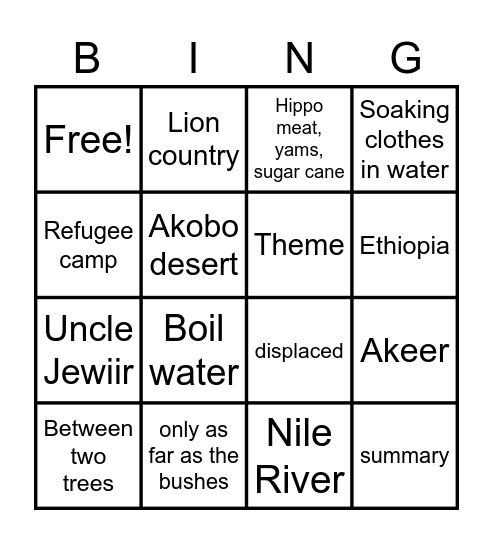 A Long Walk to Water chapters 6-9 Bingo Card