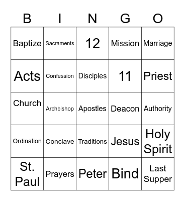 Apostolic Succession Bingo Card