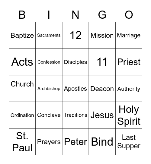 Apostolic Succession Bingo Card
