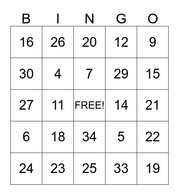 Multiplication Dice BINGO Card