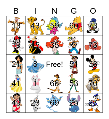 Disney Character Bingo Card