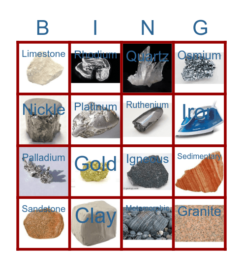 Rock and Mineral Bingo Card