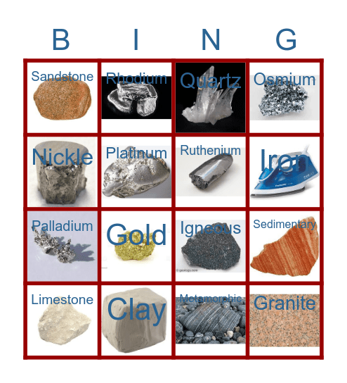 Rock and Mineral Bingo Card